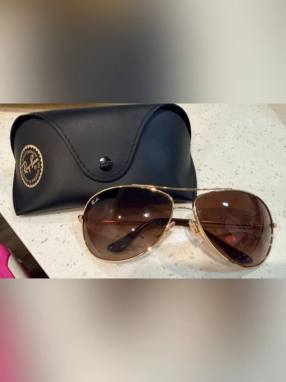Ray-Ban Men Gold Frame Brown Lens Aviator Sunglasses with Black Case